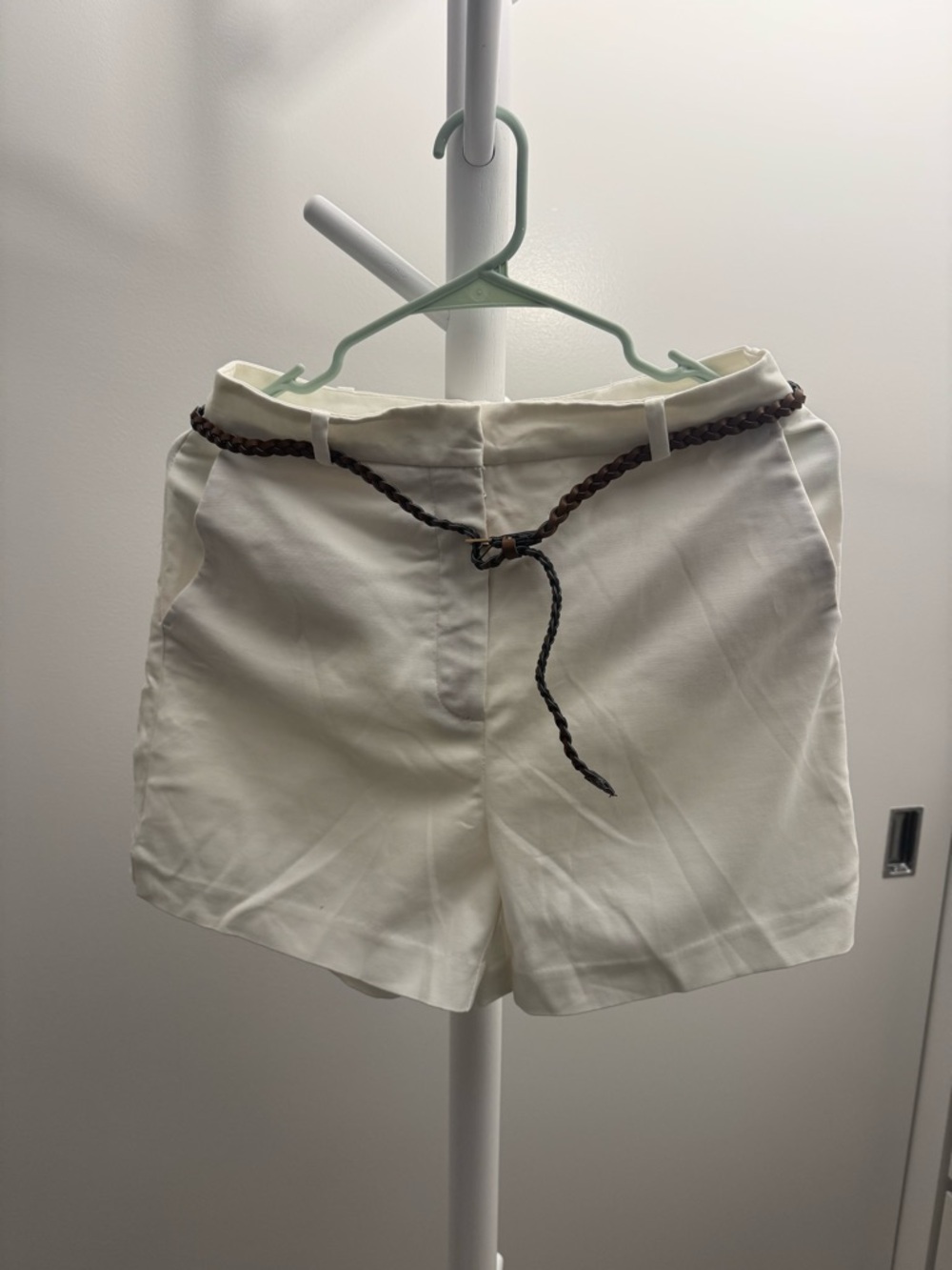 Zara White Shorts with Braided Brown Belt